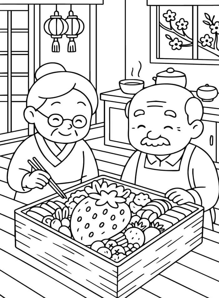hình ảnh tranh tô màu ông bà đang ăn