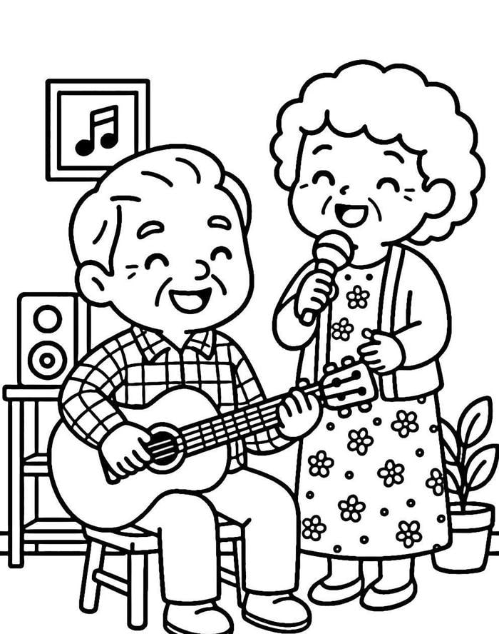 hình ảnh tranh tô màu ông bà vui vẻ