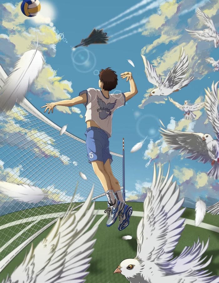 hình anime bóng chuyền lưới cao giữa sân