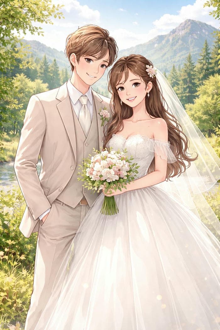 hình anime cô dâu chú rể khăn voan