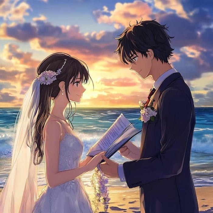 hình anime cô dâu chú rể tay nắm