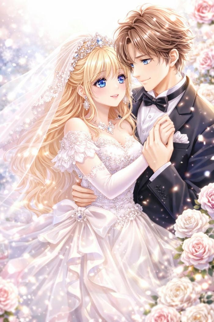 hình anime cô dâu chú rể váy trắng