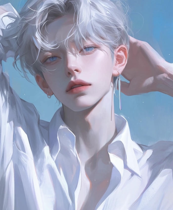 hình anime nam tóc trắng ánh sáng mạnh