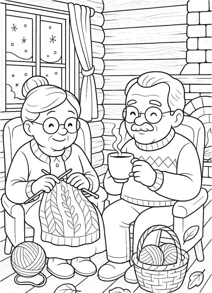 hình tô màu bà ngồi đan len ông uống trà