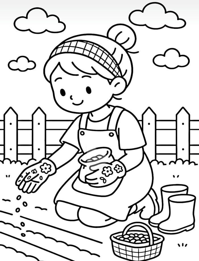 hình tô màu bạn gái đang gieo hạt