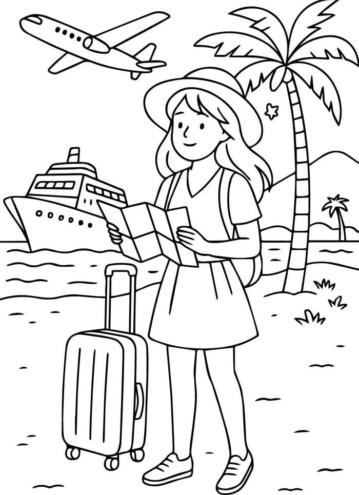 hình tô màu bạn gái đi khám phá
