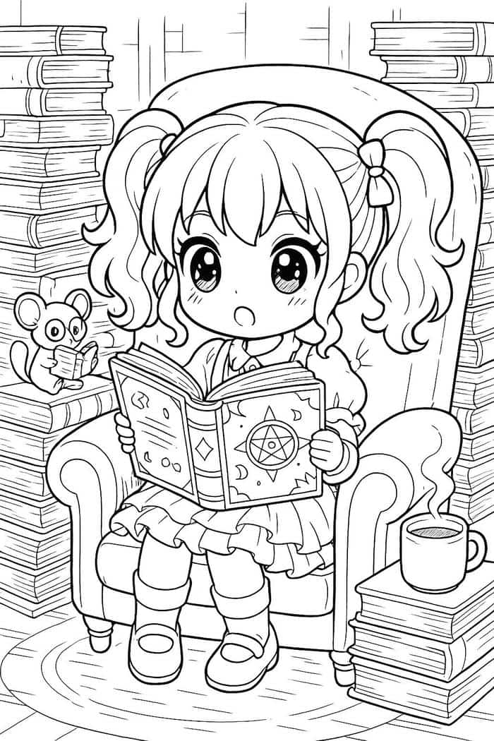 hình tô màu bạn gái đọc sách
