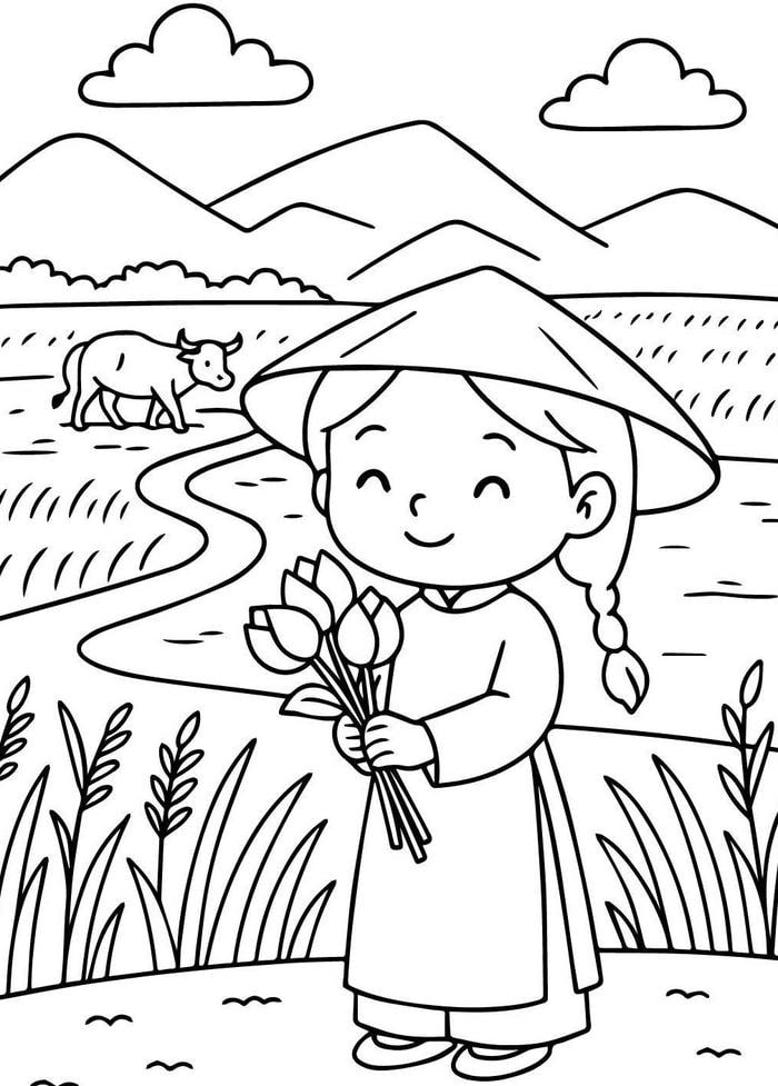 hình tô màu bạn gái mặc áo dài