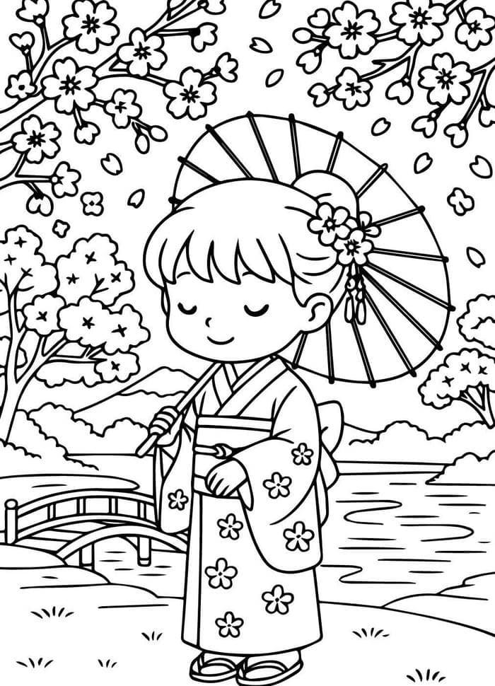 hình tô màu bạn gái mặc đồ truyền thống