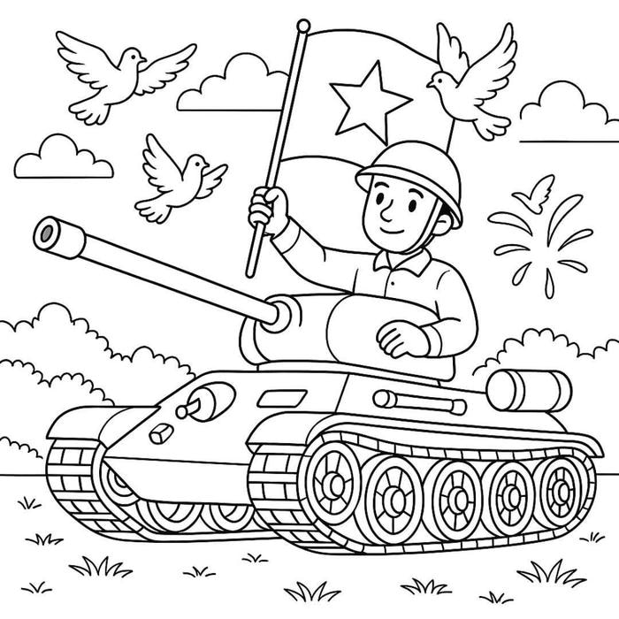 hình tô màu chú bộ đội trên xe tăng