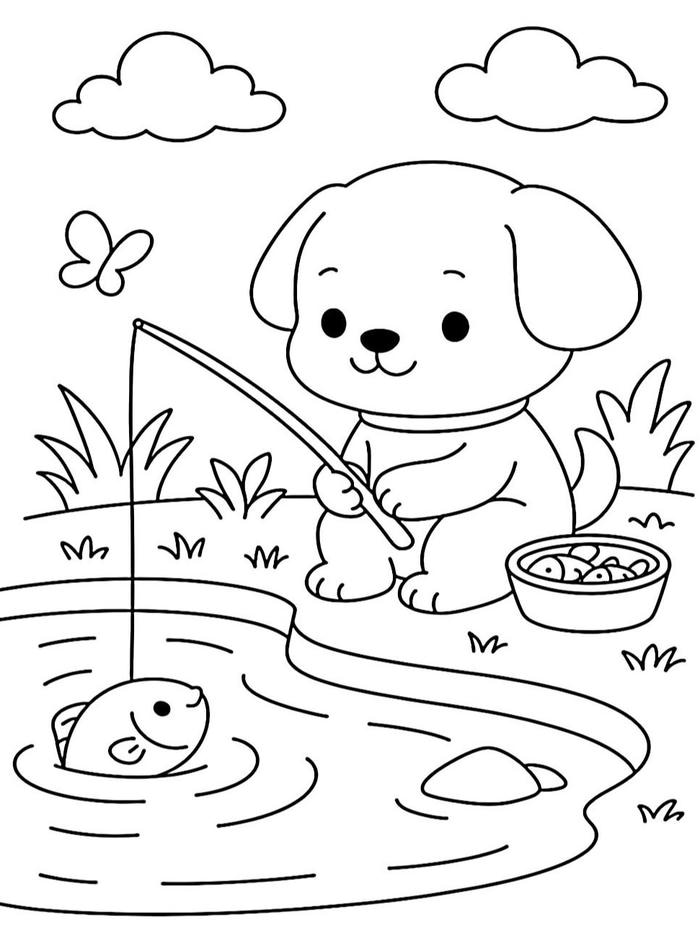 hình tô màu con chó đang câu cá