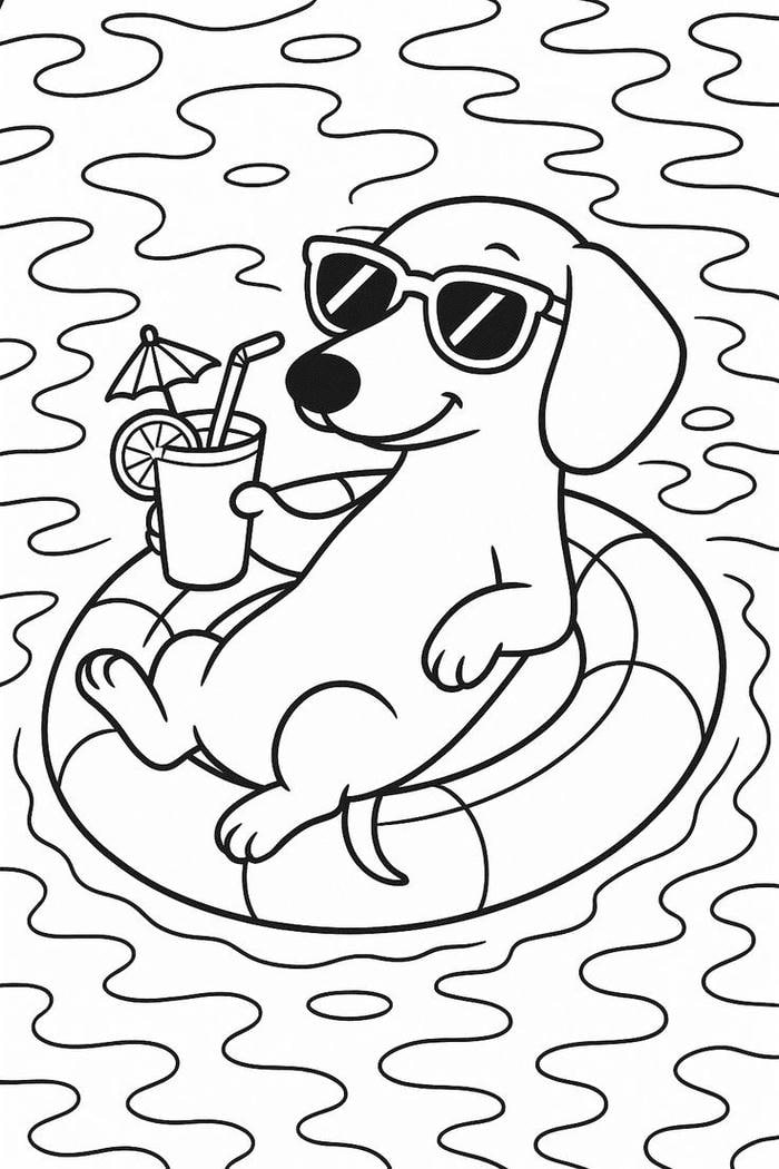 hình tô màu con chó tắm biển