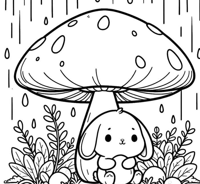 hình tô màu con thỏ trú mưa dưới nấm