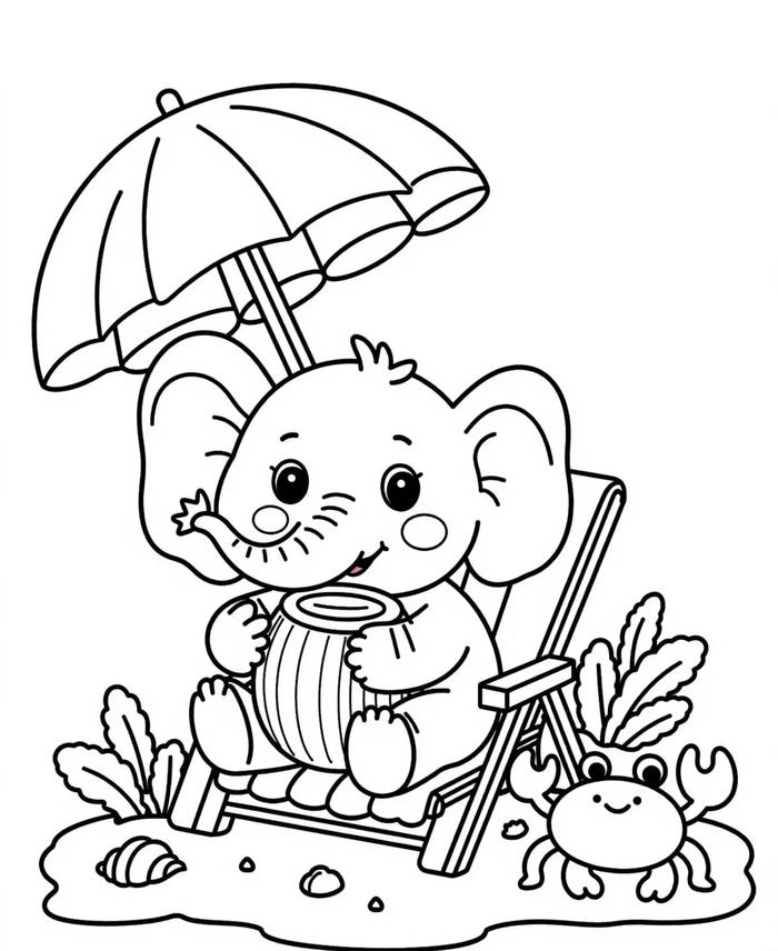 hình tô màu con voi uống dừa