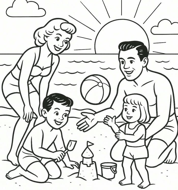 hình tô màu gia đình đi biển
