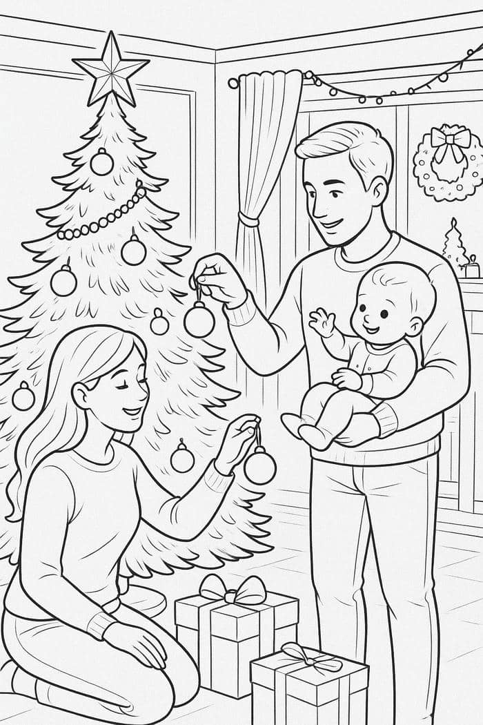 hình tô màu gia đình trang trí cây thông