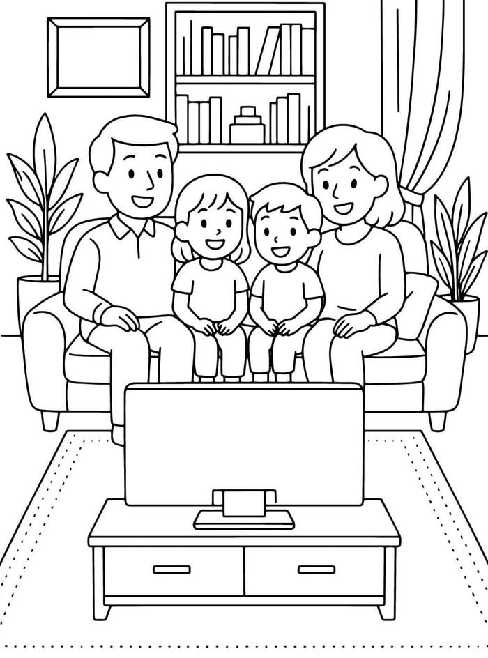 hình tô màu gia đình trong phòng khách