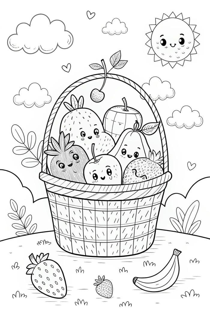 hình tô màu giỏ trái cây cho bé 5-6 tuổi