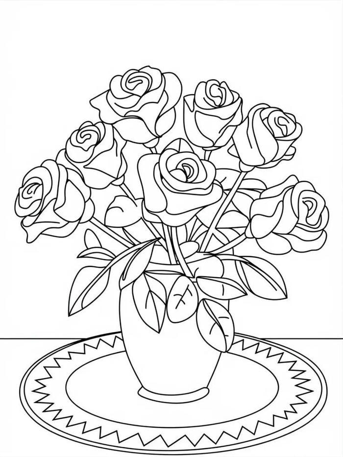hình tô màu hoa hồng đang nở trong bình