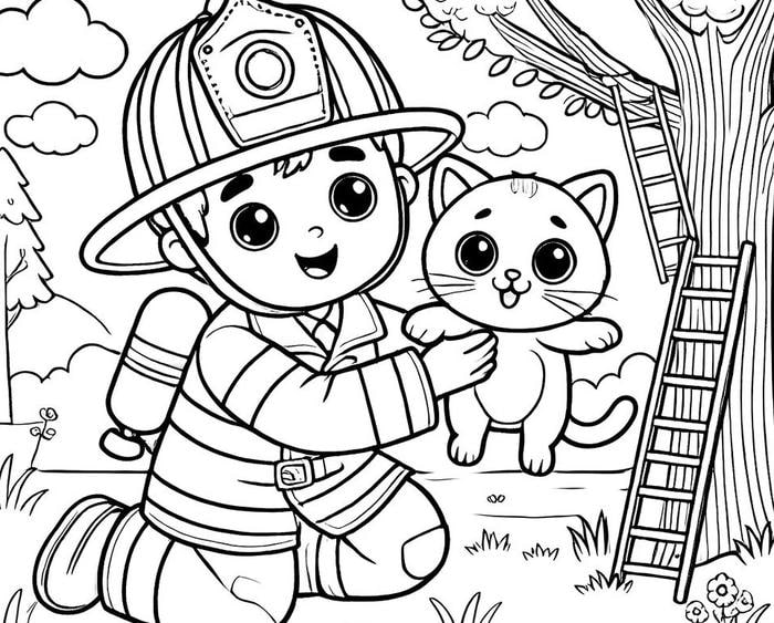hình tô màu lính cứu hỏa cứu mèo