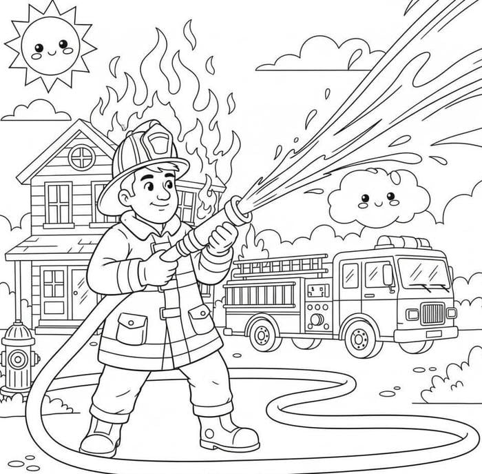 hình tô màu lính cứu hỏa dập lửa