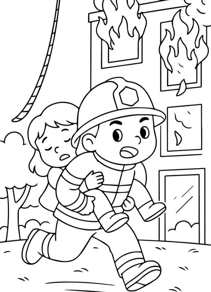 hình tô màu lính cứu hỏa giải cứu nạn nhân