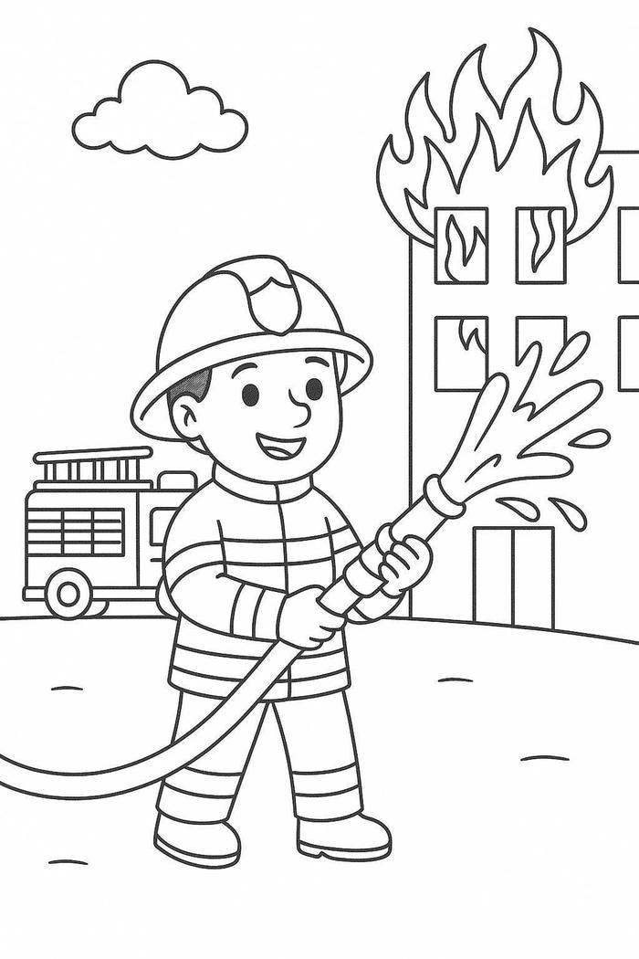 hình tô màu lính cứu hỏa hành động quyết đoán