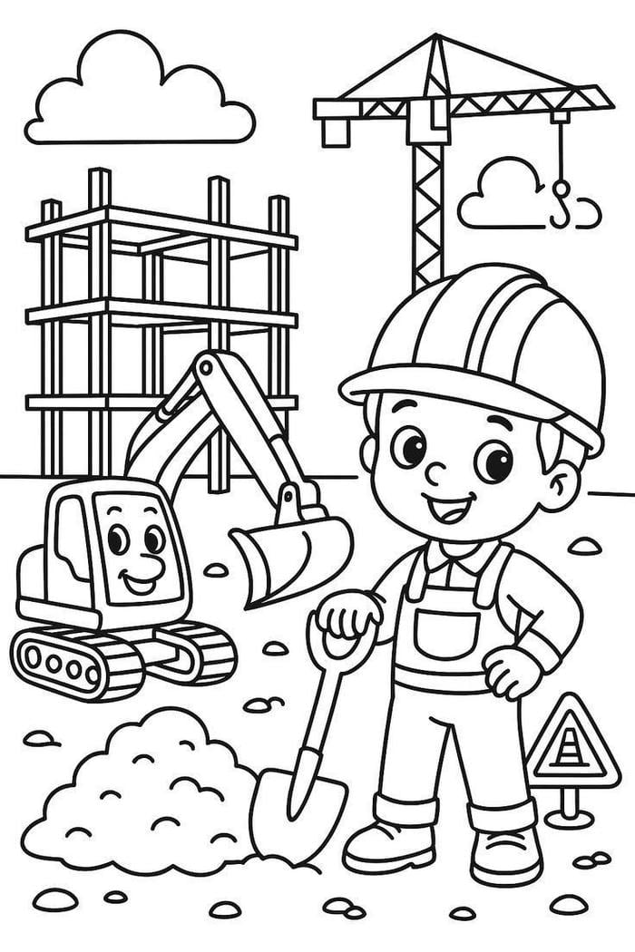 hình tô màu nghề xây dựng và xe cẩu