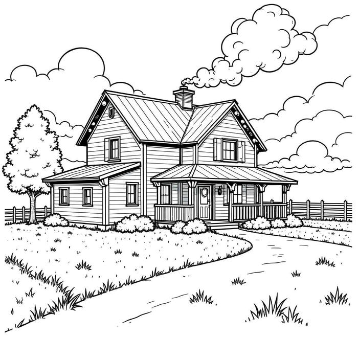 hình tô màu ngôi nhà có hàng rào gỗ