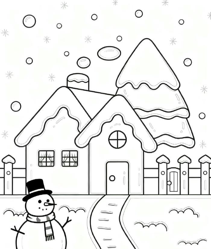 hình tô màu ngôi nhà có tuyết rơi mùa đông