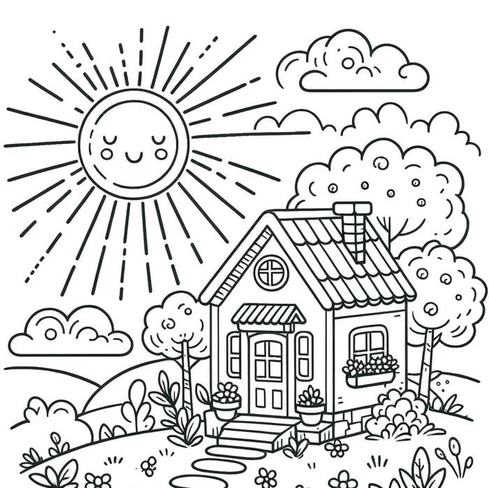 hình tô màu ngôi nhà có vườn rau xanh mướt