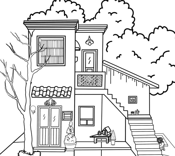 hình tô màu ngôi nhà hình khối đơn giản