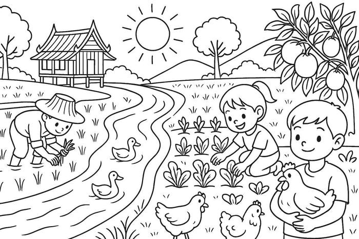 hình tô màu người làm nông chăm ruộng