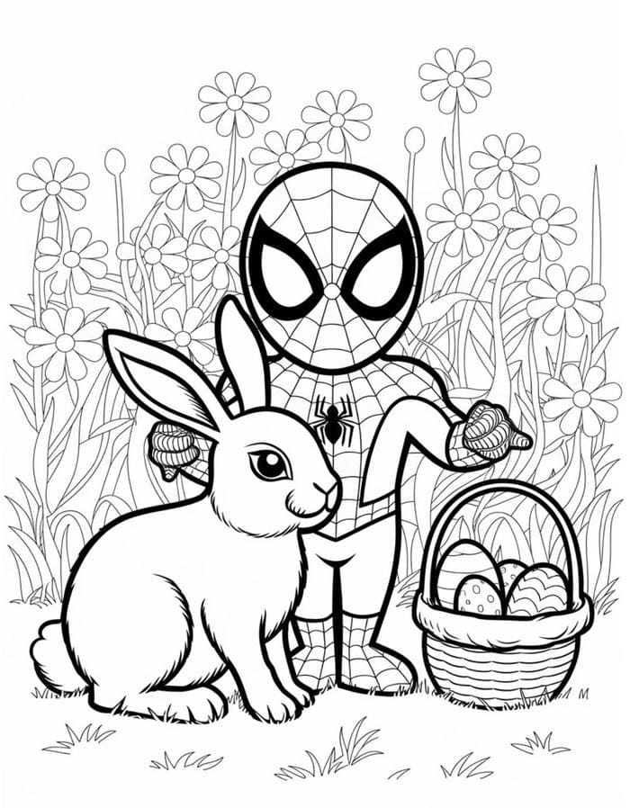 hình tô màu người nhện chơi với thỏ