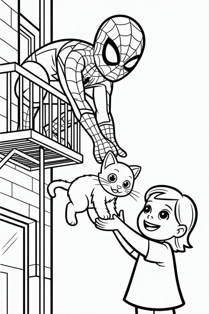 hình tô màu người nhện cứu mèo