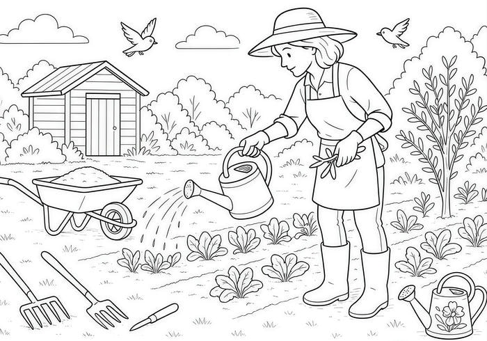 hình tô màu người nông dân chăm sóc cây