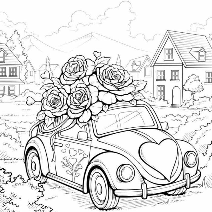 hình tô màu ô tô nhiều hoa