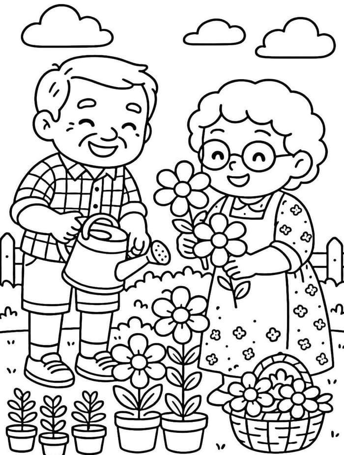hình tô màu ông bà chăm hoa