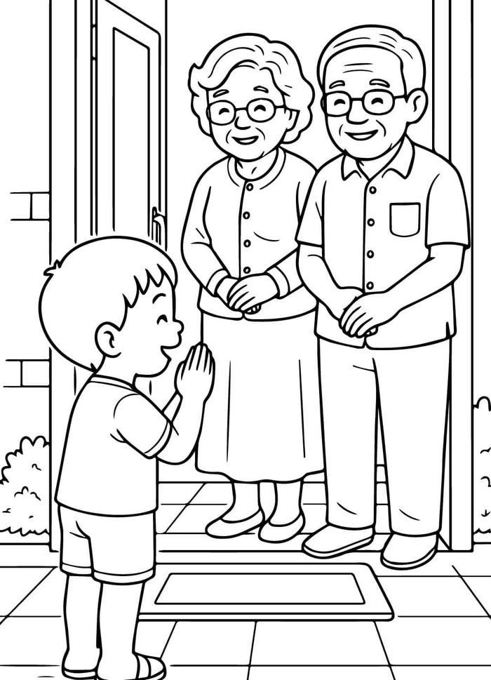 hình tô màu ông bà nhìn cháu mỉm cười