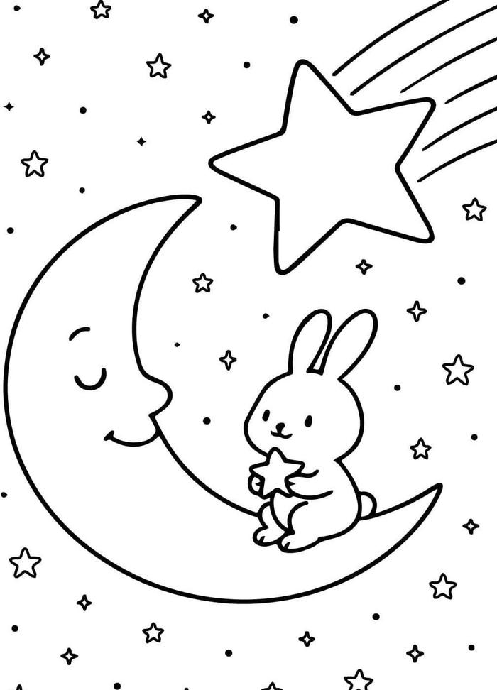 hình tô màu thỏ ngồi trên trăng cho 5-6 tuổi