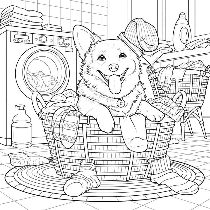 hình tranh tô màu chó trong giỏ quần áo