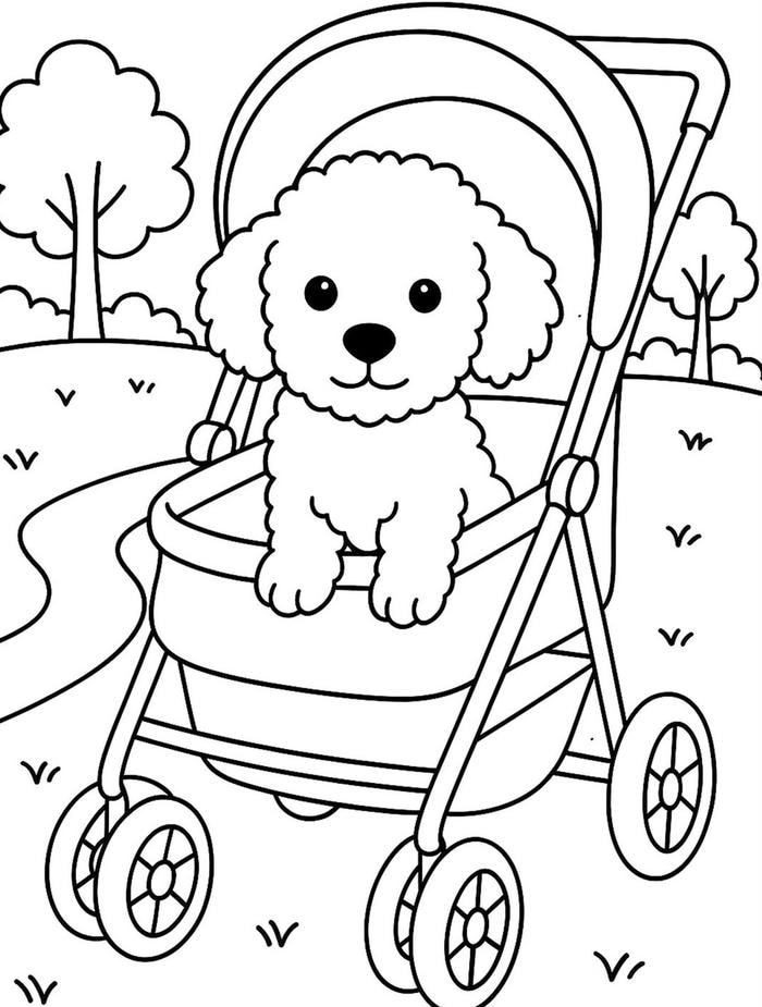 hình tranh tô màu chó trong xe đẩy