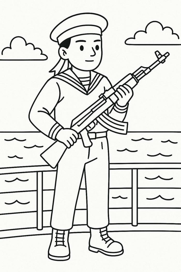 hình tranh tô màu chú bộ đội cầm súng