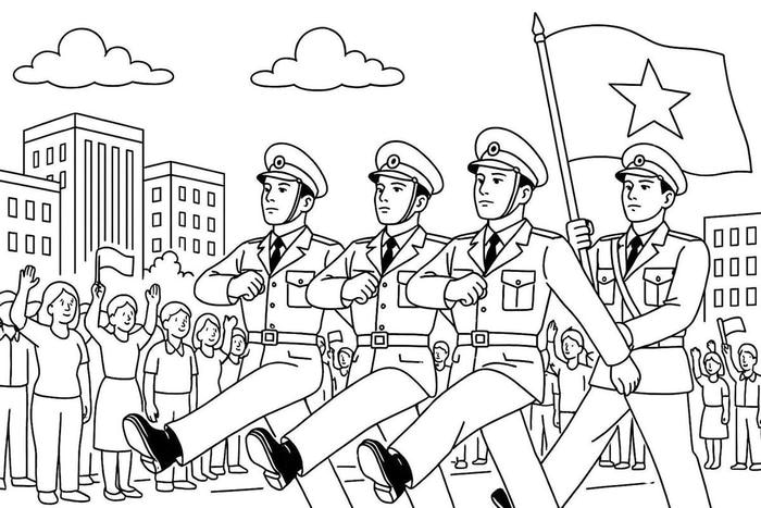 hình tranh tô màu chú bộ đội diễu binh