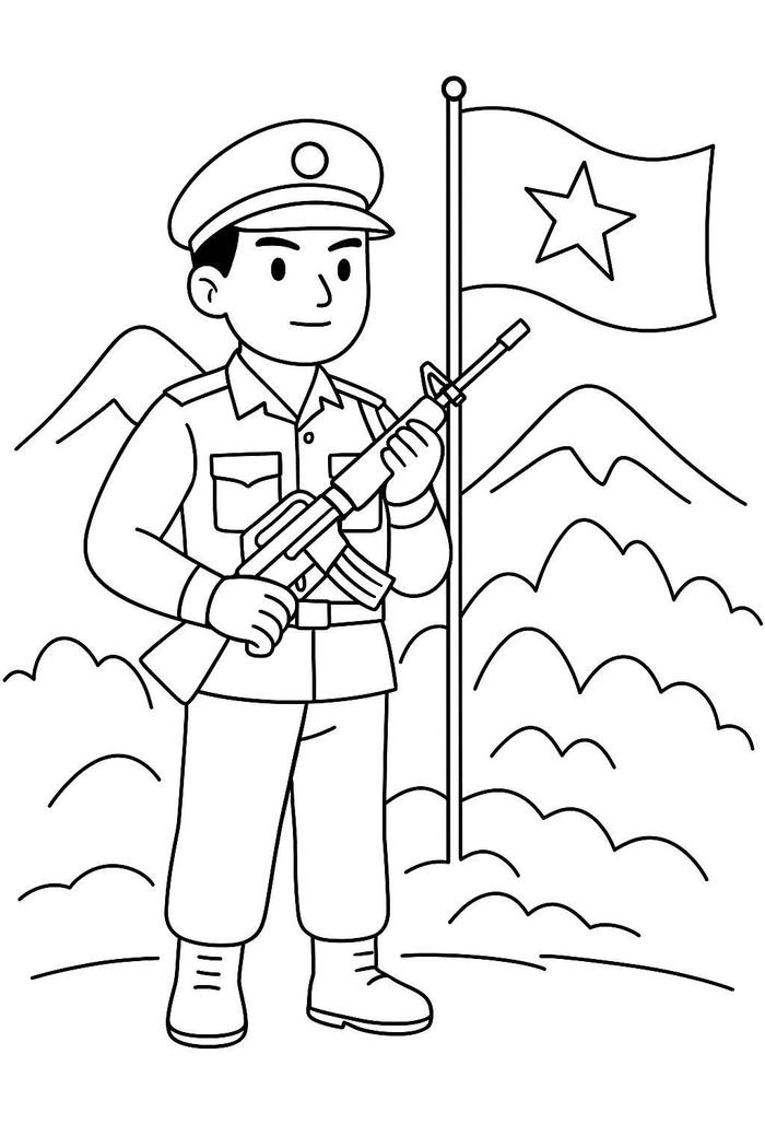 hình tranh tô màu chú bộ đội đứng nghiêm