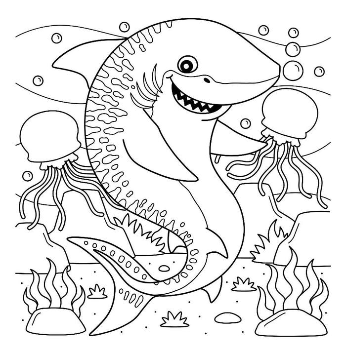hình tranh tô màu con cá mập hung dữ