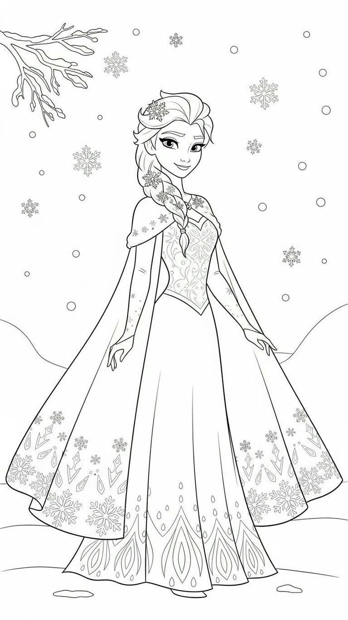 hình tranh tô màu công chúa elsa dáng đứng