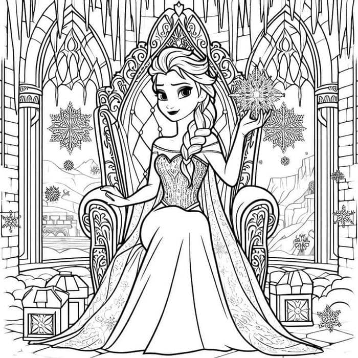 hình tranh tô màu công chúa elsa ngồi ghế