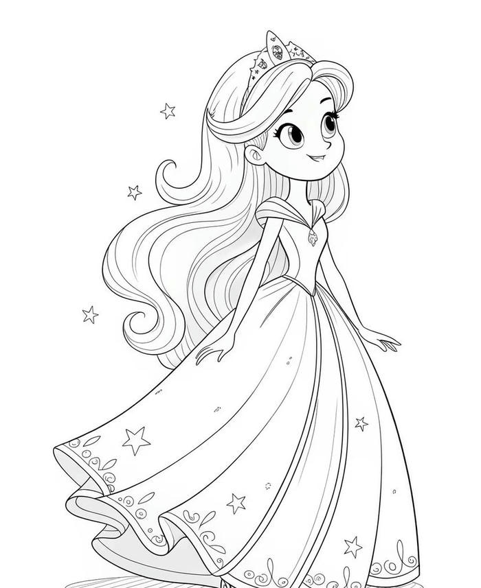 hình tranh tô màu công chúa mặc váy dài