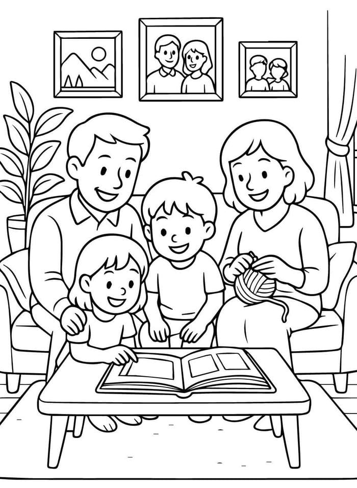 hình tranh tô màu gia đình trò chuyện vui
